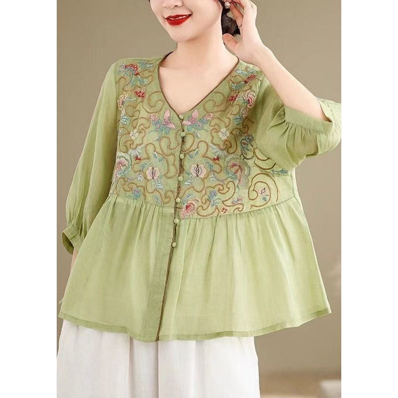 Green Button Linen Embroidered Bracelet Sleeve