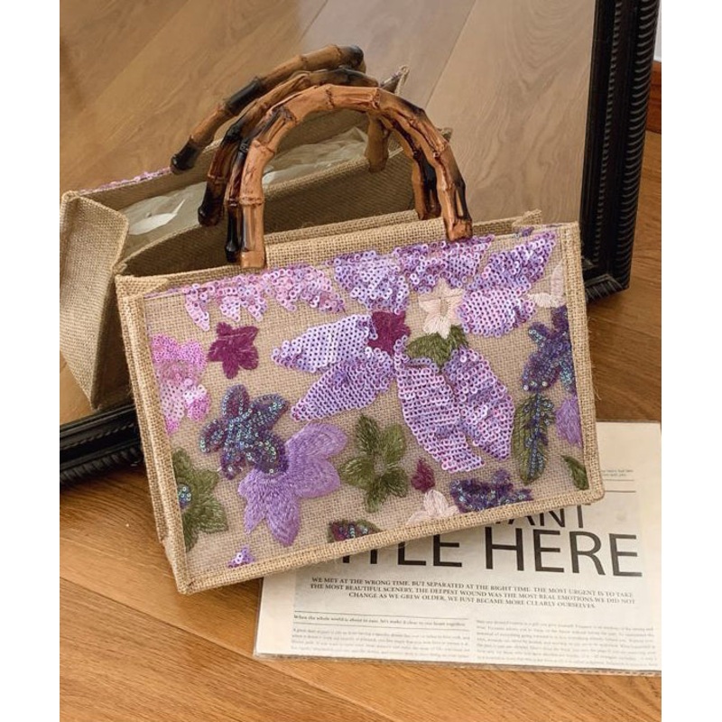 Handmade Sequins Embroidered Linen Weave Tote Bag