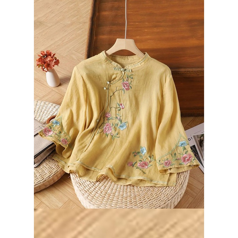 Handmade Yellow Embroidered Button Linen Shirt Bracelet Sleeve