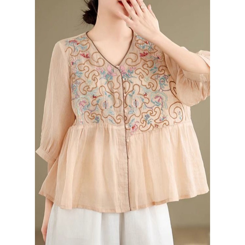 Loose Khaki V Neck Embroidered Linen Shirt Fall