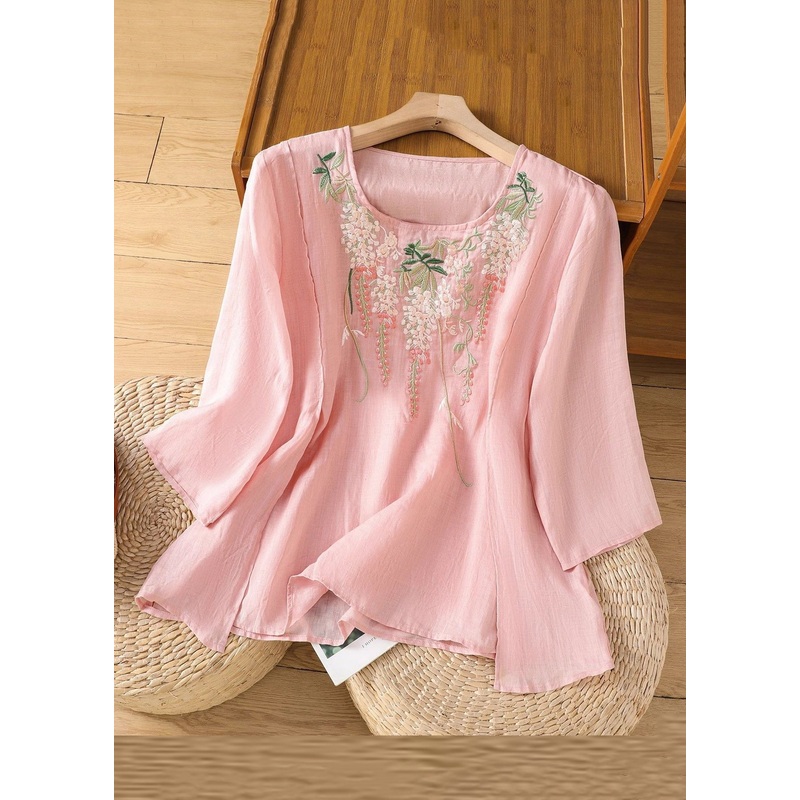 Loose Pink Embroidered Solid Linen T Shirt Bracelet Sleeve