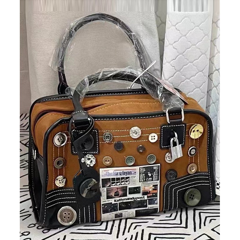 Modern Brown Button Decorated Patchwork Faux Leather Tote Handbag