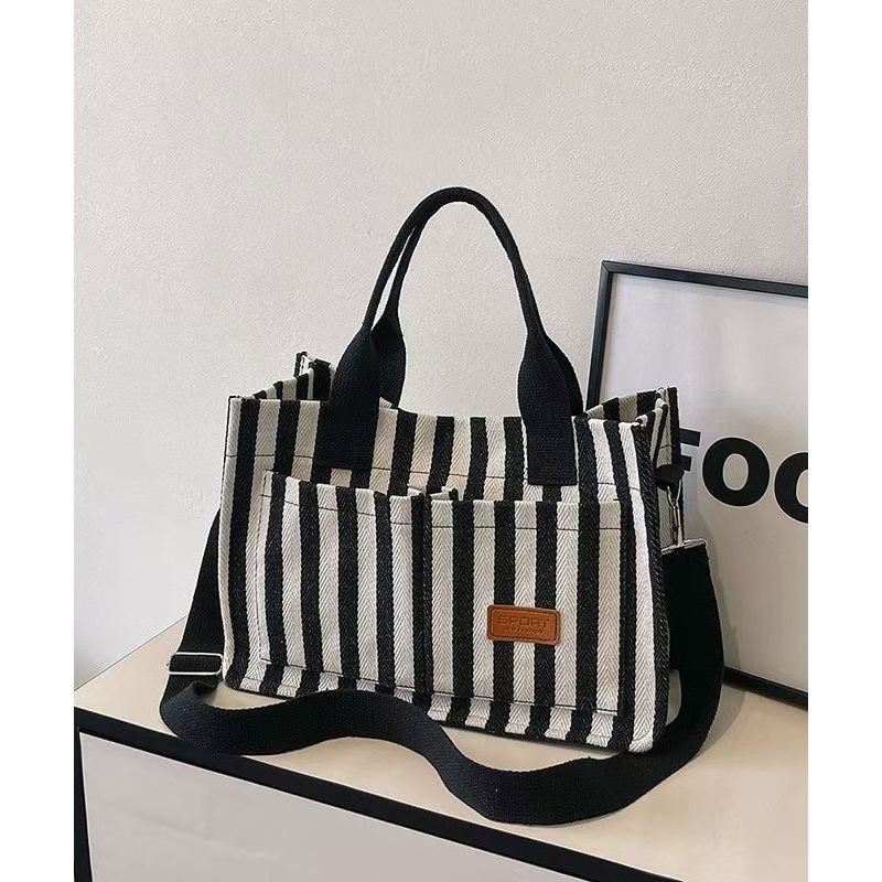 Stylish Striped With Pockets Solid Durable Canvas Tote Handbag