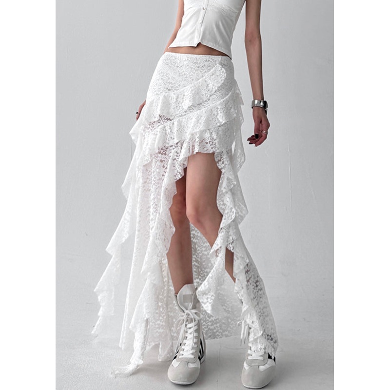 White Ruffled Solid Lace Summer Skirt Asymmetrical