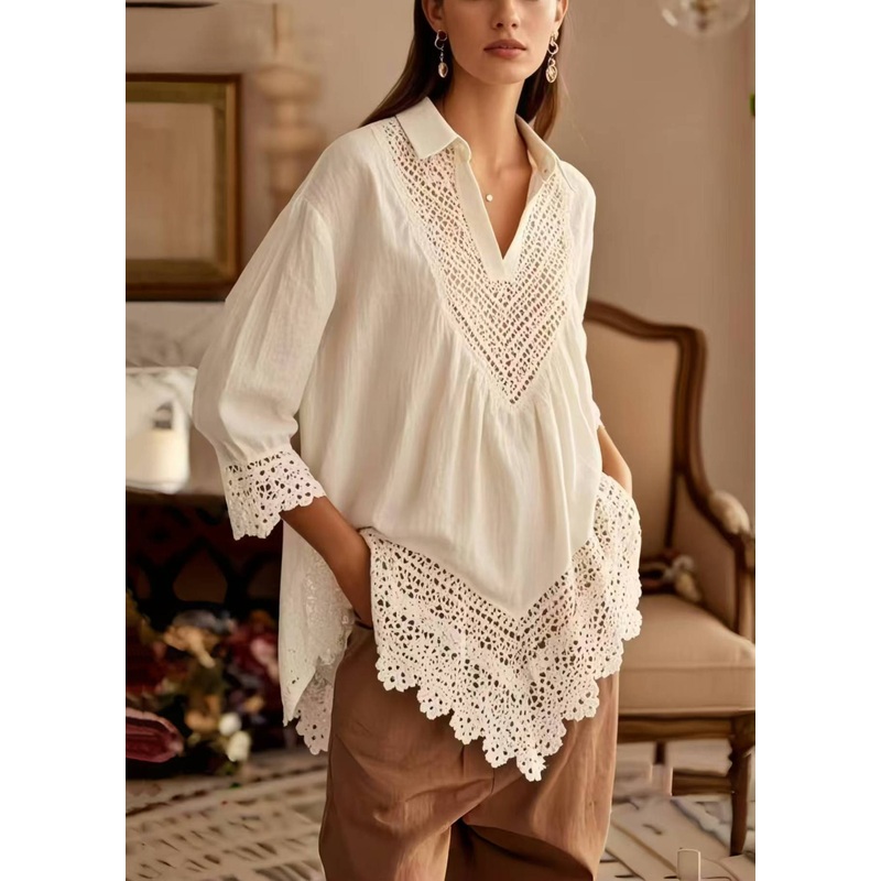 Art White Hollow Out Patchwork Lace Shirts Half Sleeve