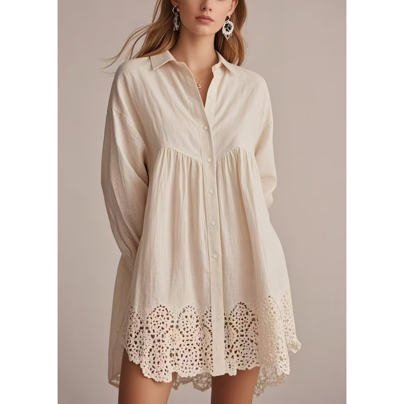 Bohemian Apricot Oversized Hollow Out Cotton Long Shirts Spring
