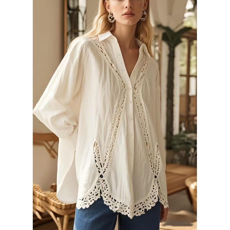 Bohemian White Oversized Patchwork Loose Shirts Spring