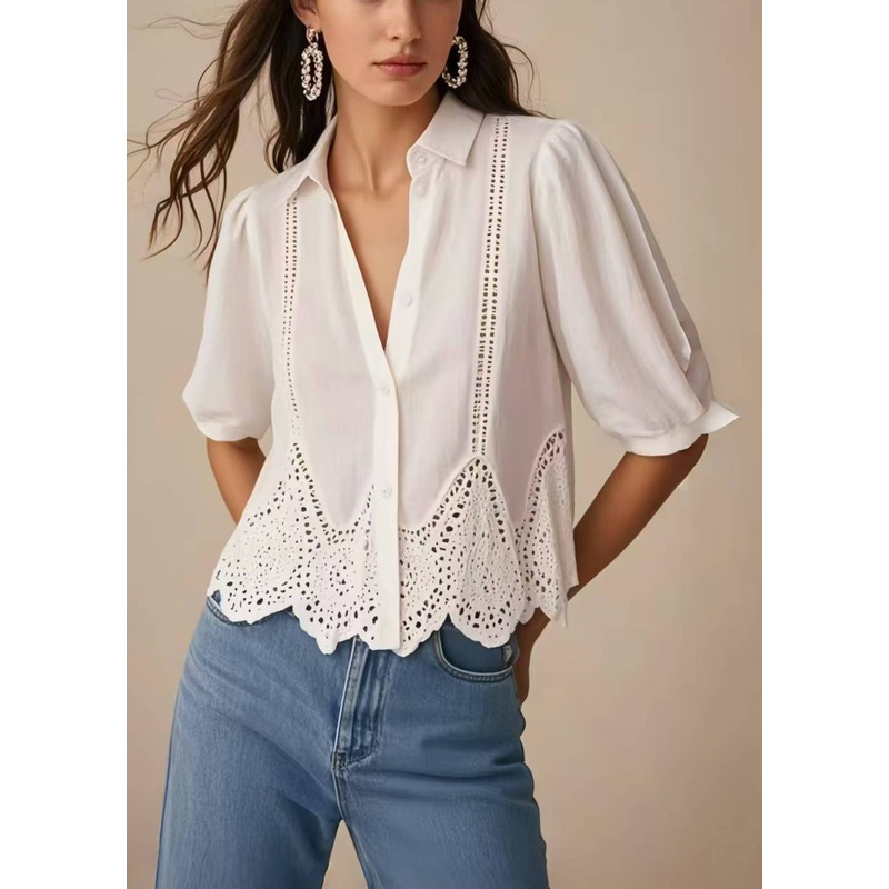 Boho White Hollow Out Silm Fit Shirts Summer