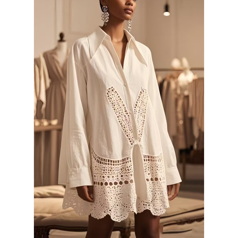 Boho White Oversized Hollow Out Cotton Shirt Tops Spring