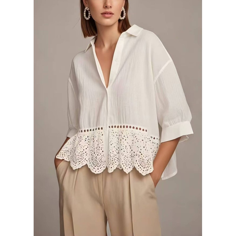 Boutique White Hollow Out Cotton Shirt Top Summer