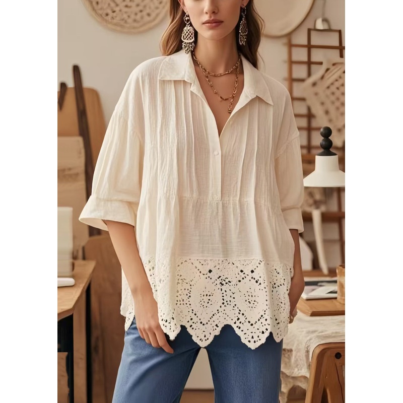 Chic Apricot Oversized Patchwork Lace Blouse Top Half Sleeve