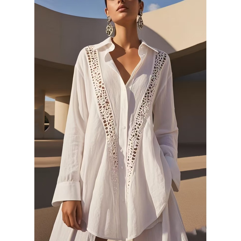 Chic White Oversized Patchwork Hollow Out Cotton Shirts Spring