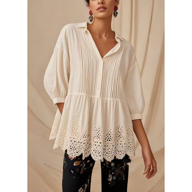 Style White Oversized Wrinkled Hollow Out Blouse Tops Half Sleeve