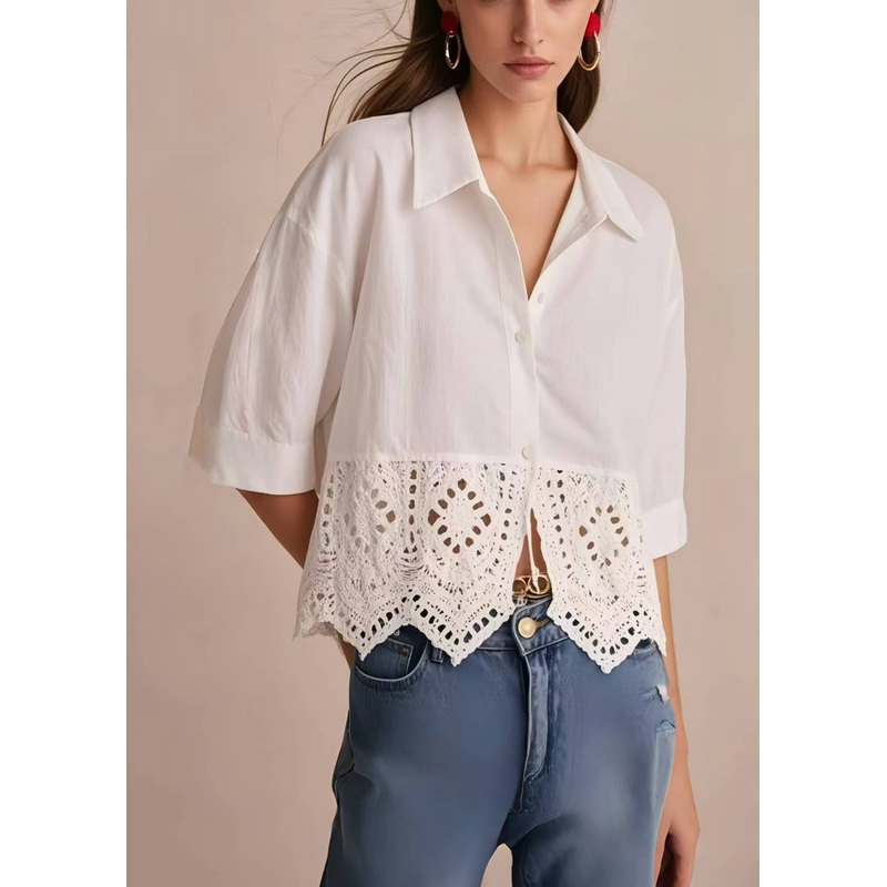 Style White Peter Pan Collar Patchwork Lace Tops Half Sleeve