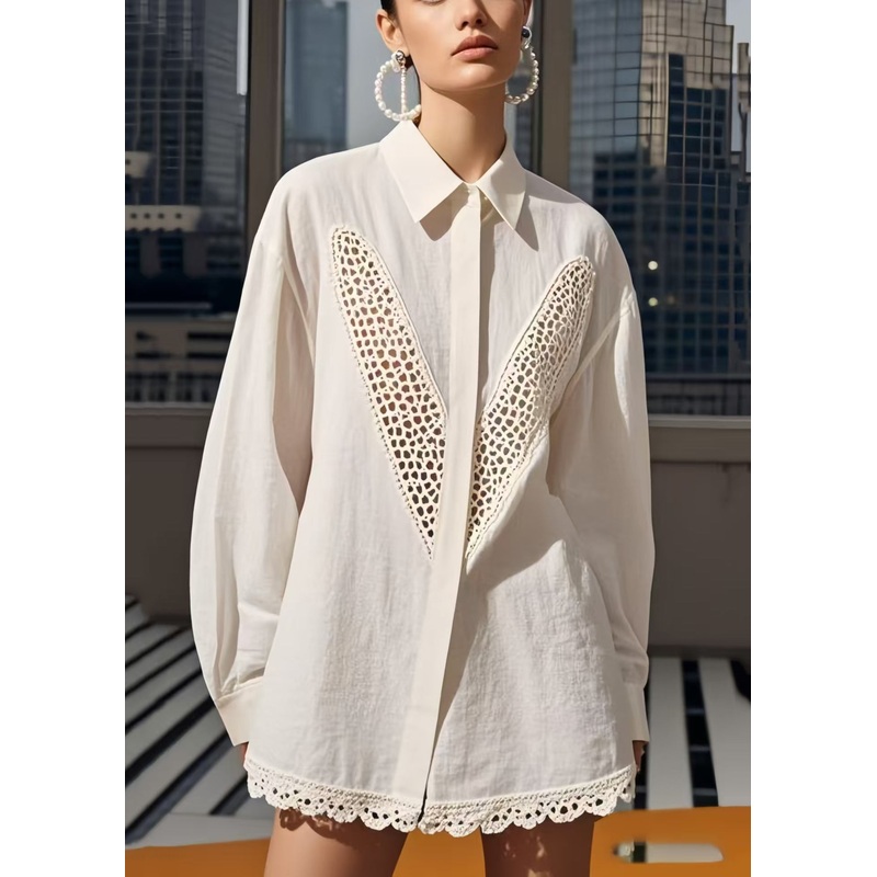 White Patchwork Cotton Shirts Hollow Out Spring