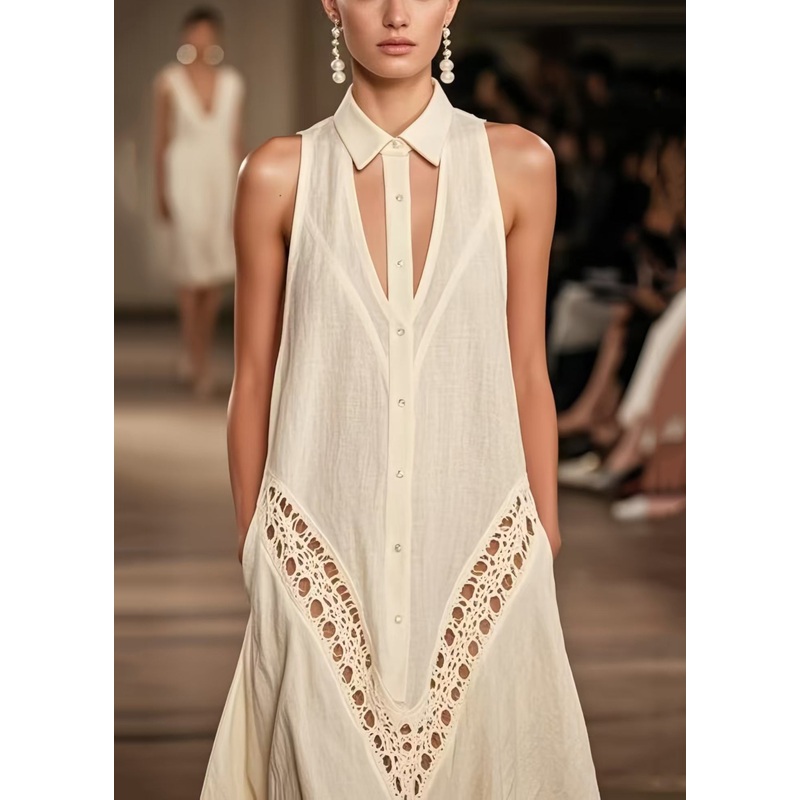 Women Beige Cold Shoulder Hollow Out Cotton Day Dresses Sleeveless