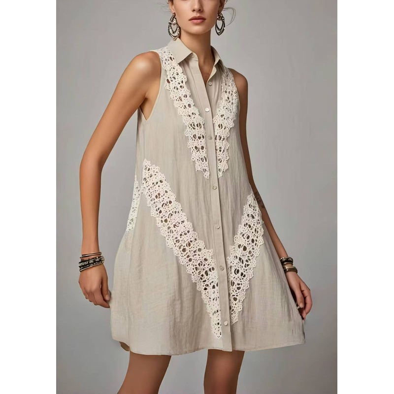 Women Grey Peter Pan Collar Patchwork Lacen Day Dress Sleeveless