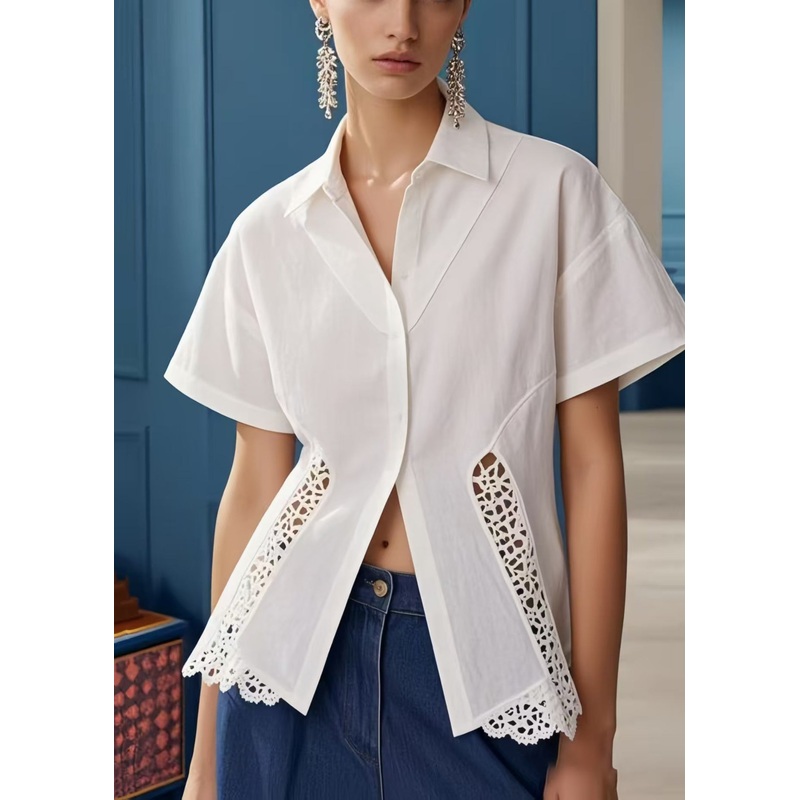 Women White Hollow Out Patchwork Silm Fit Blouses Summer