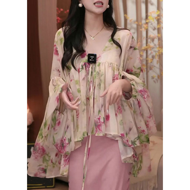 2025 Spring Sweet Printed Asymmetrical Lantern Sleeve Shirt Top