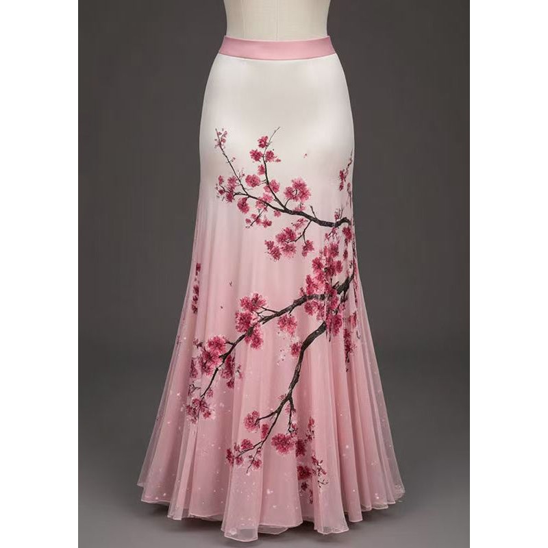 Art Pink Print High Waist Tulle Skirts Summer