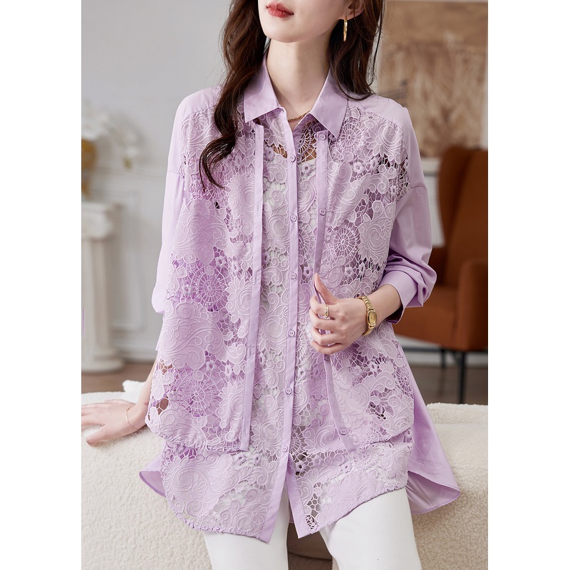 Art Purple Peter Pan Collar Hollow Out Fake Two Pieces Lace Tops Spring