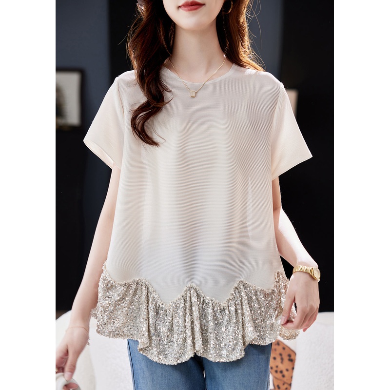 Boho Short Sleeve Apricot O-Neck Sequins Patchwork