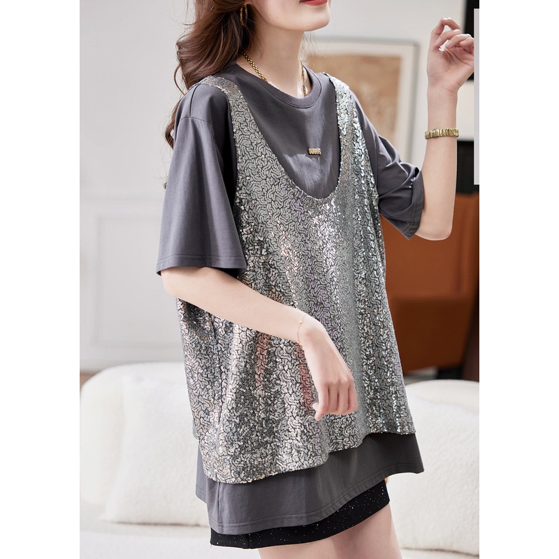 Boutique Grey O-Neck Sequins Patchwork Fake Two Pieces Silk T Shirt Short Sleeve