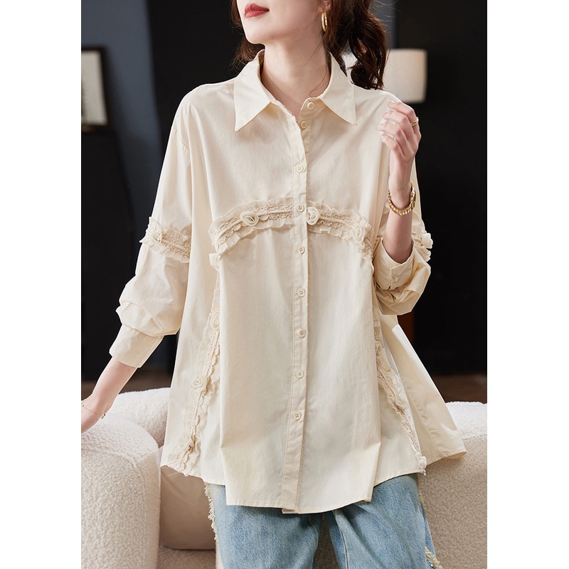 Casual Apricot Peter Pan Collar Ruffled Patchwork Cotton Shirt Spring