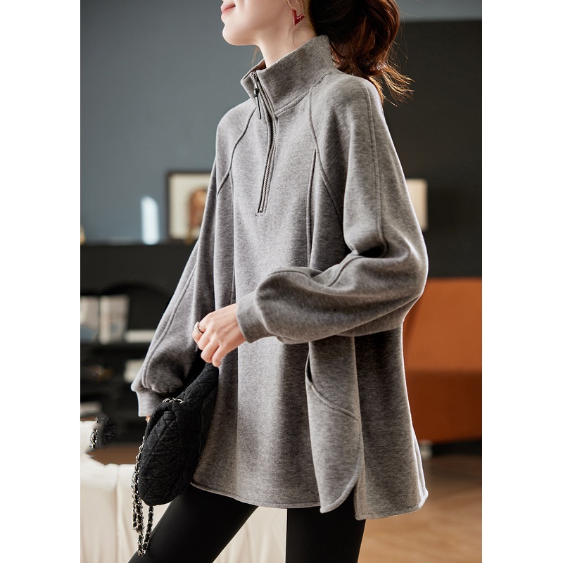 Casual Grey Turtleneck Patchwork Fleece Sweatshirt Spring