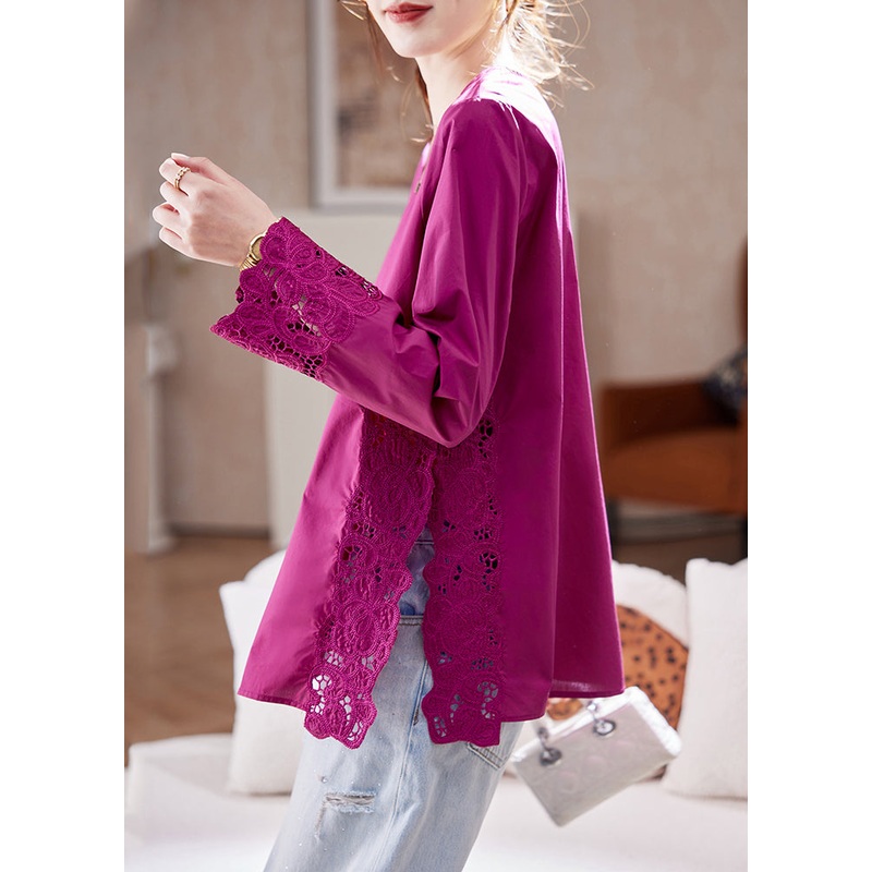 Casual Rose Lace Patchwork Side Open Silk Tops Spring