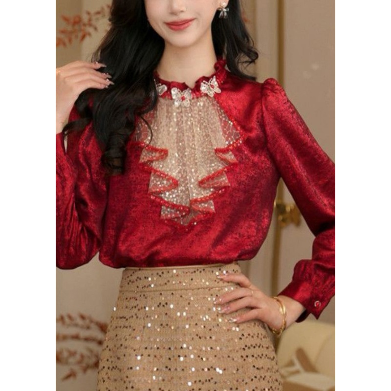 Chic Red Ruffled Sequins Patchwork Silk Shirt Top Spring