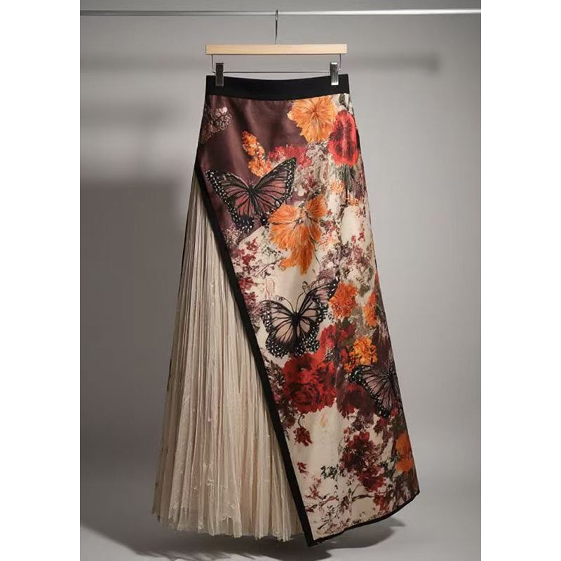 Chinese Style Asymmetrical Print Wrinkled Patchwork Skirts Summer