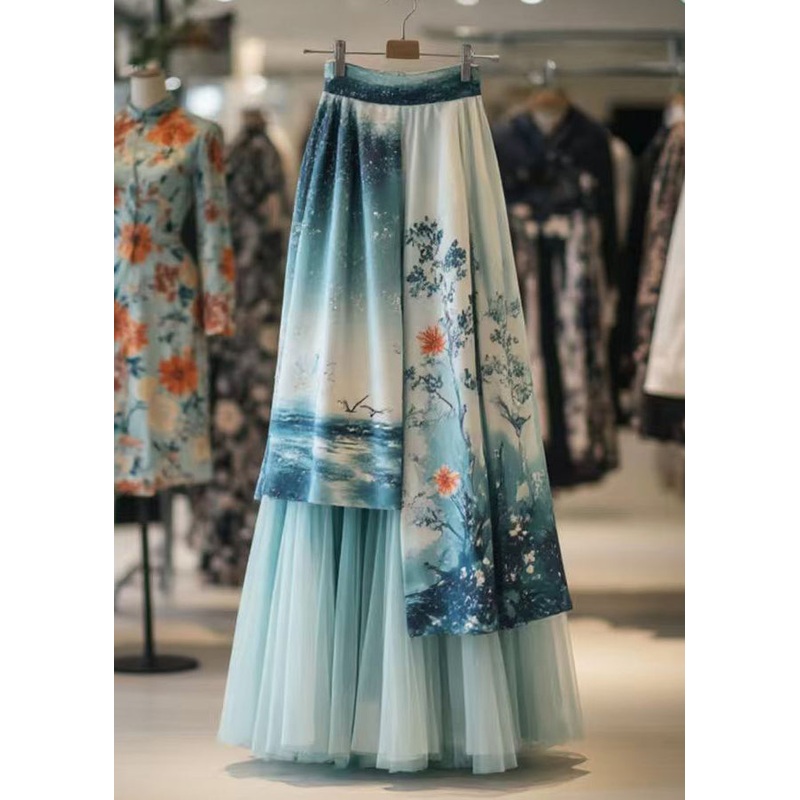 Chinese Style Blue Asymmetrical Print Tulle Patchwork Skirts Summer
