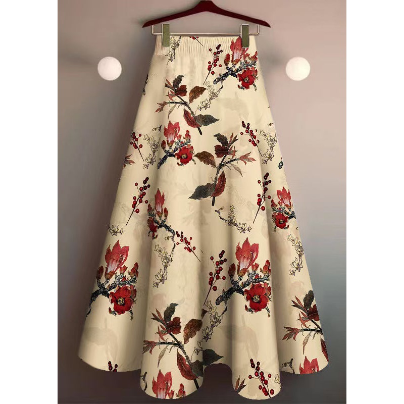 Elegant Khaki Print Elastic Waist Cotton Skirt Summer