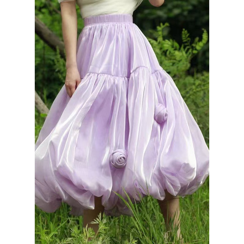 Floral Purple Solid Elastic Waist Silk Skirts Summer