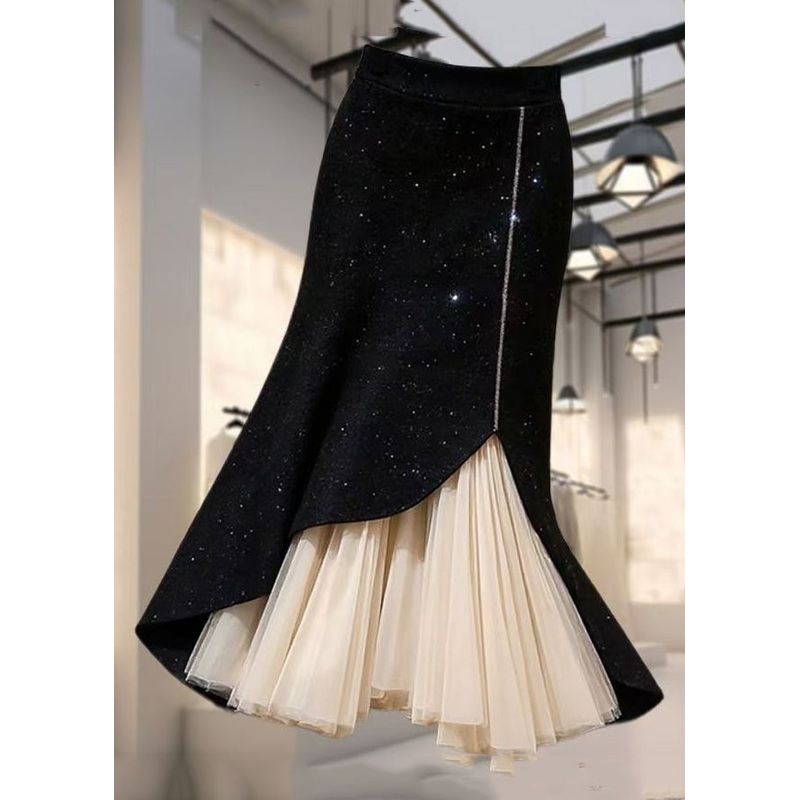 French Black High Waist Chiffon Patchwork Skirt Spring