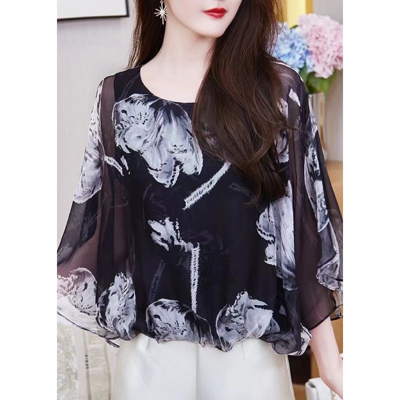 French Black O Neck Print Chiffon Top Summer
