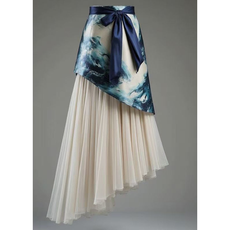 French Blue Asymmetrical Lace Up Tulle Patchwork Skirts Summer