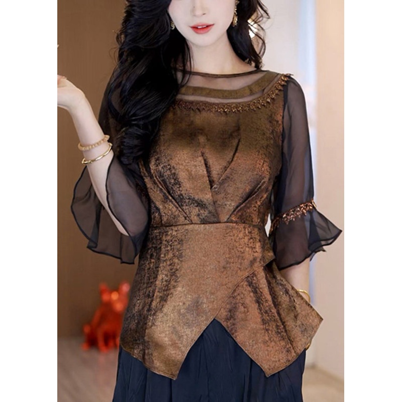 French Style New Coffee Asymmetrical Patchwork Chiffon Top Summer