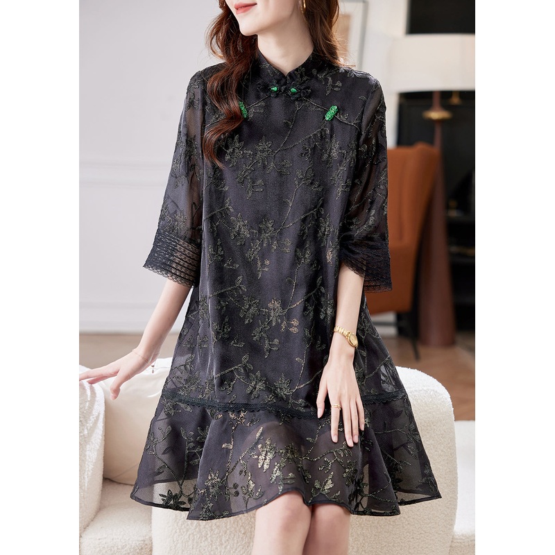 Jacquard Black Stand Collar Patchwork Tulle Mid Dress Half Sleeve