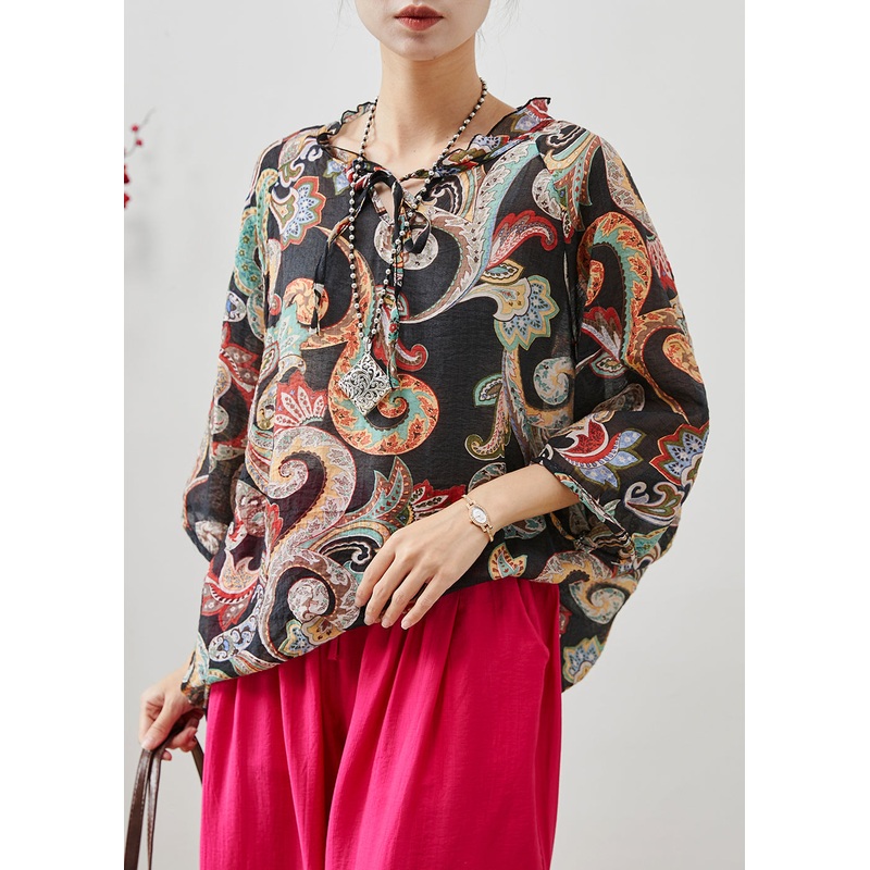 Modern Black Ruffled Print Linen Blouse Tops Summer