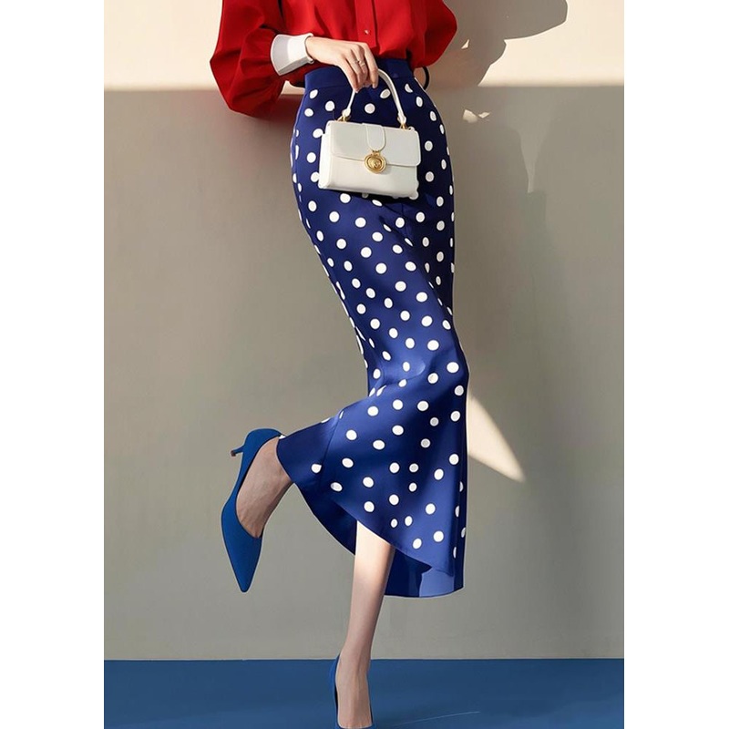 Slim Fit Blue Dot High Waist Cotton Skirt Spring