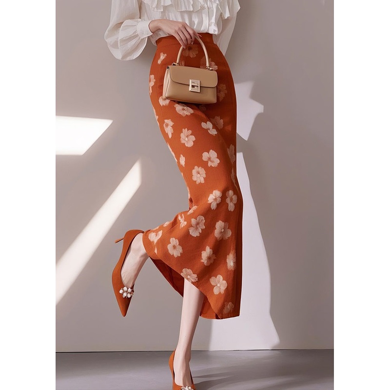 Slim Fit Orange Print High Waist Cotton Skirts Summer