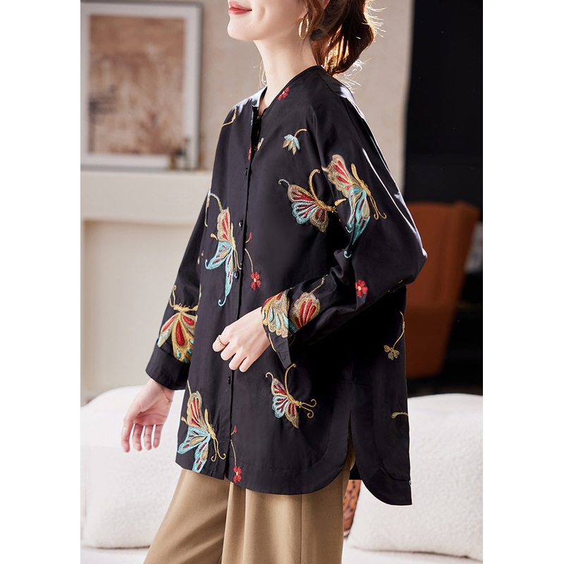 Stylish Black Embroidered Butto Cotton Shirts Spring