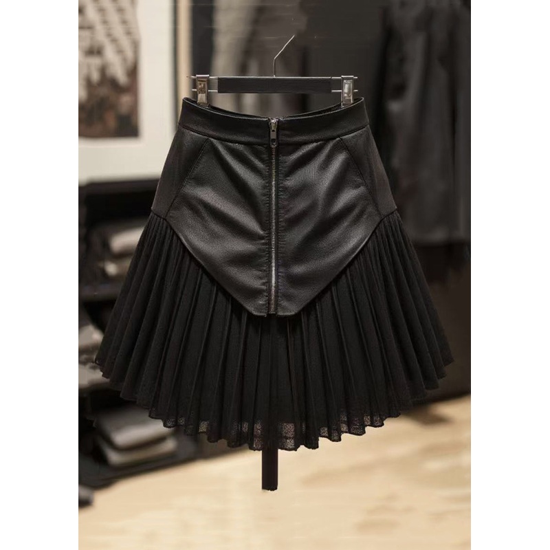 Stylish Black Zippered Wrinkled Patchwork Faux Leather Skirt Summer