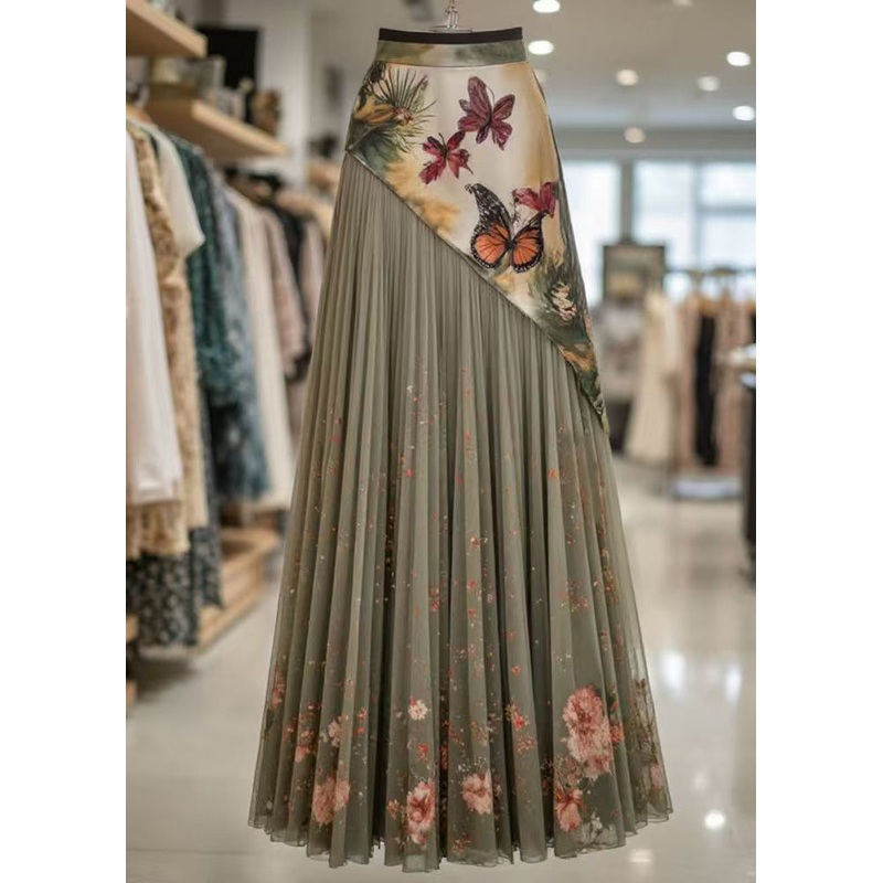 Stylish Green Asymmetrical Print Tulle Patchwork Pleated Skirt Summer