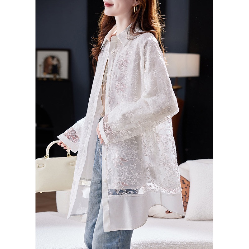 Stylish White Peter Pan Collar Embroidered Cotton Shirts Coat Spring