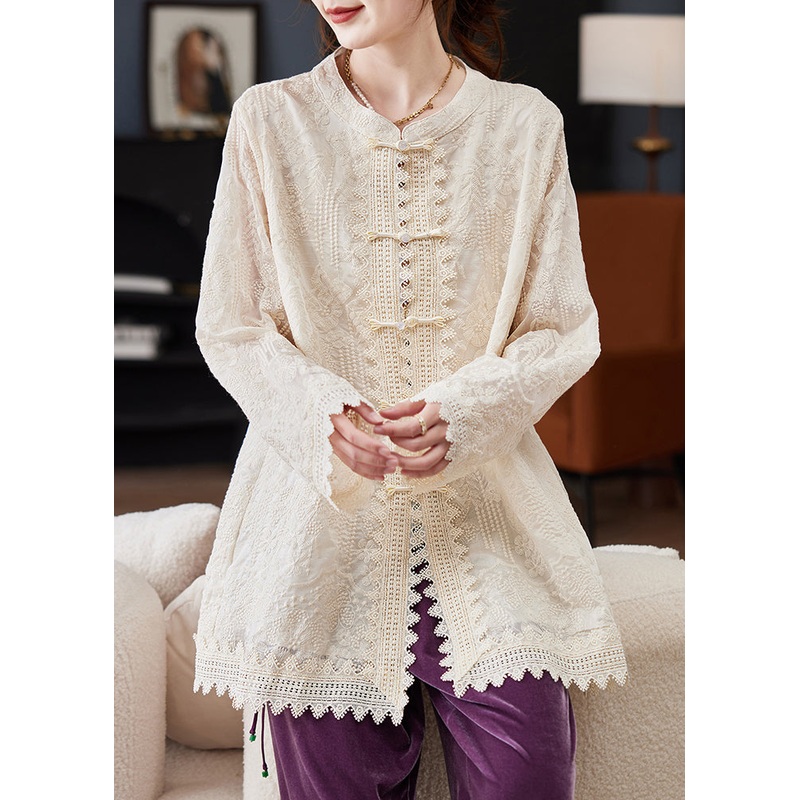Vintage White Embroidered Oriental Button Cotton Shirt Tops Spring