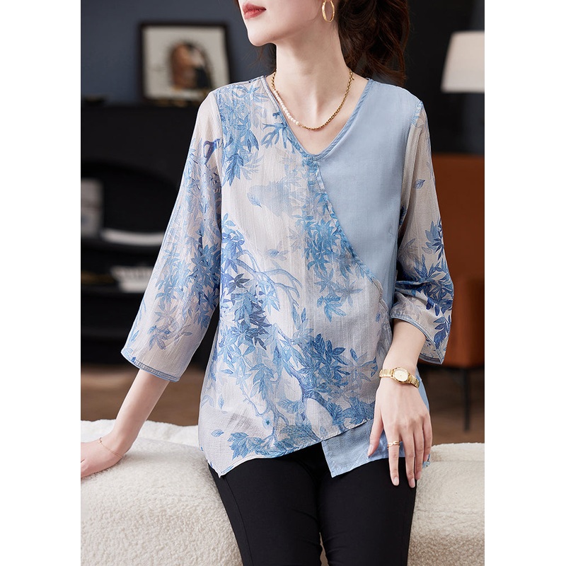 Women Blue Asymmetrical Print Tie Waist Chiffon Top Bracelet Sleeve