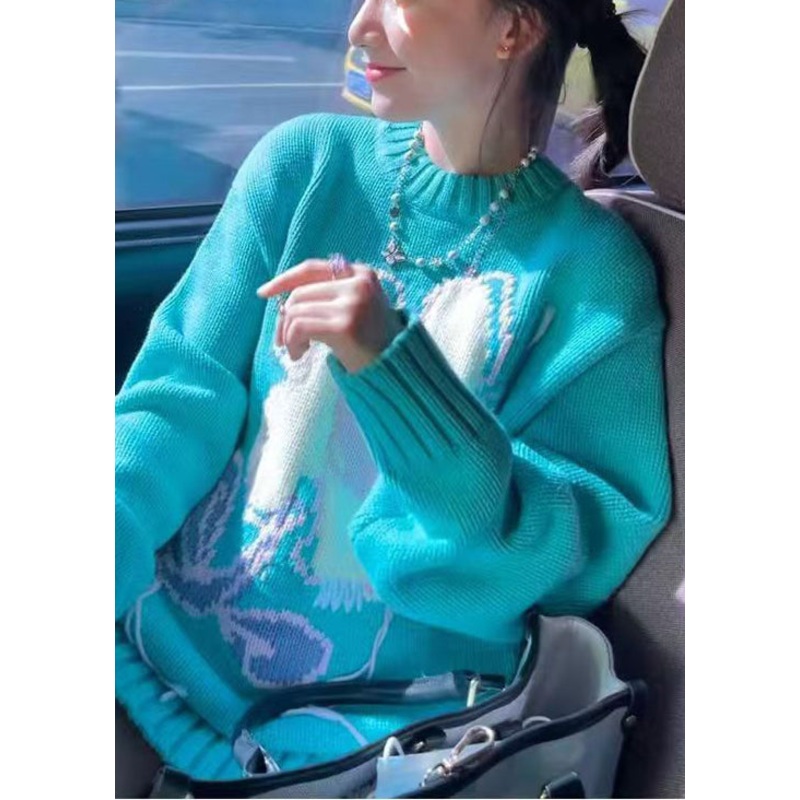 Art Blue O Neck Floral Cozy Knit Sweater Spring